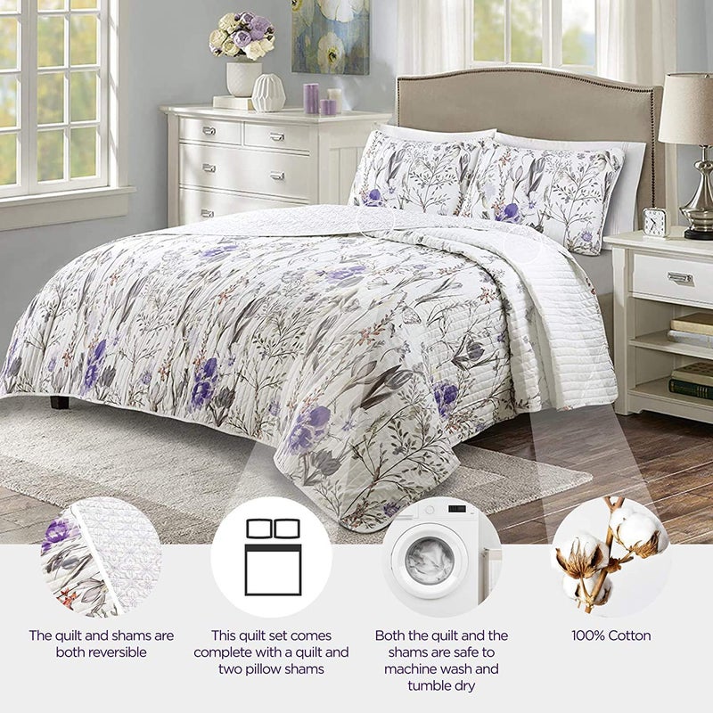 Lush Decor Adalia Reversible Cotton Quilt Queen Size 3 Piece Set Full/Queen Purple & Gray - Floral Bedding Set Queen Quilt - Purple Quilts - Image 2